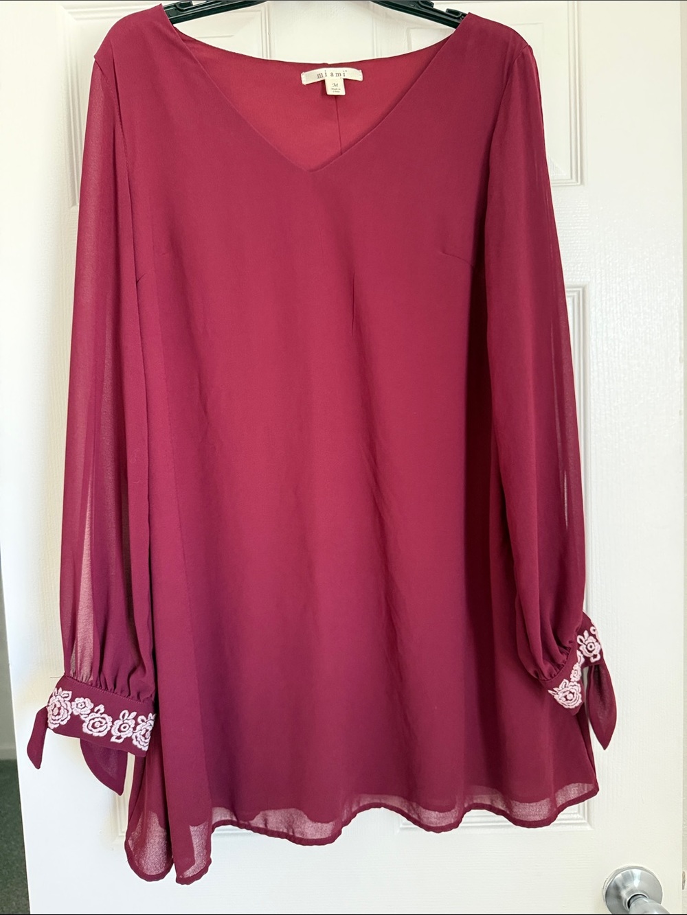 Miami Wine Colored V-Neck Long Split Sleeve Blouse with Embroidered Cuffs